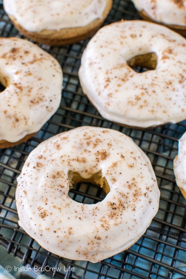 Two times the eggnog gives these easy baked Eggnog Donuts a fun holiday flair. Great recipe for breakfast!