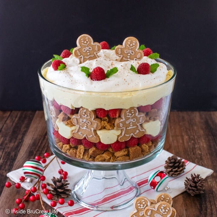 An eggnog trifle with layers of pudding, cookies, and raspberries.