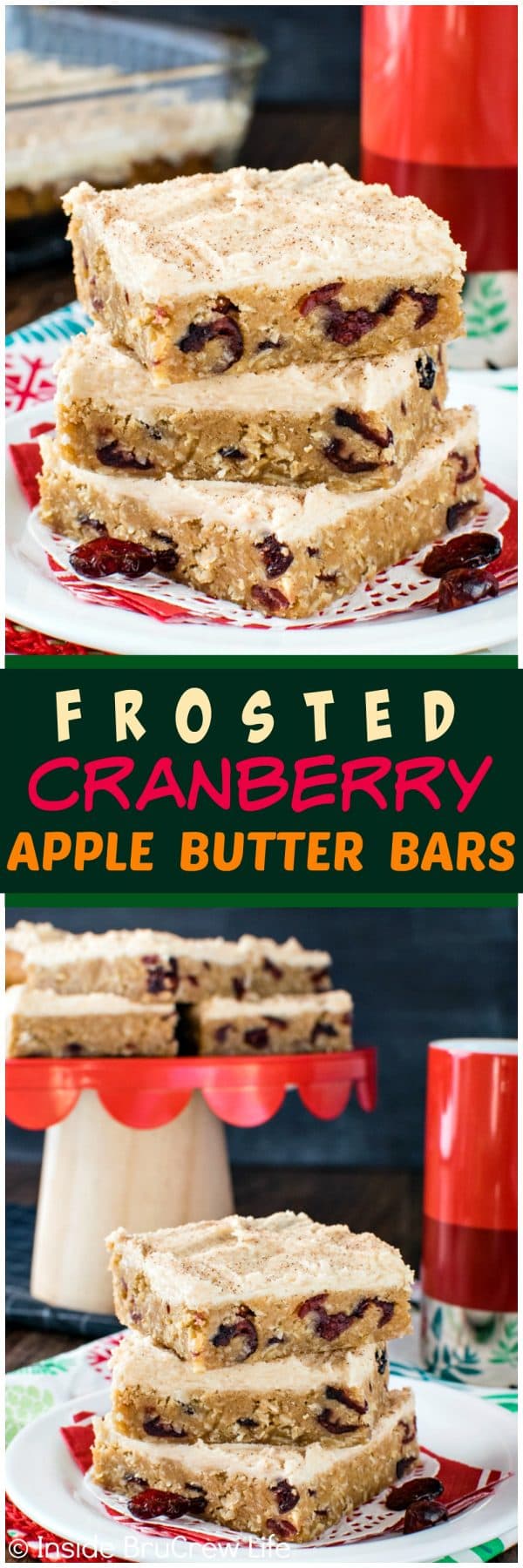 Frosted Cranberry Apple Butter Bars - this easy oatmeal bar recipe is loaded with cranberries and topped with a sweet apple butter frosting! 