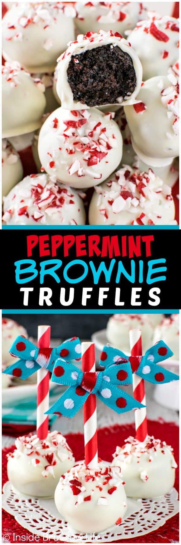 Peppermint Brownie Truffles - white chocolate & peppermint bits add a fun flair to these easy truffles. Great recipe for holiday parties!