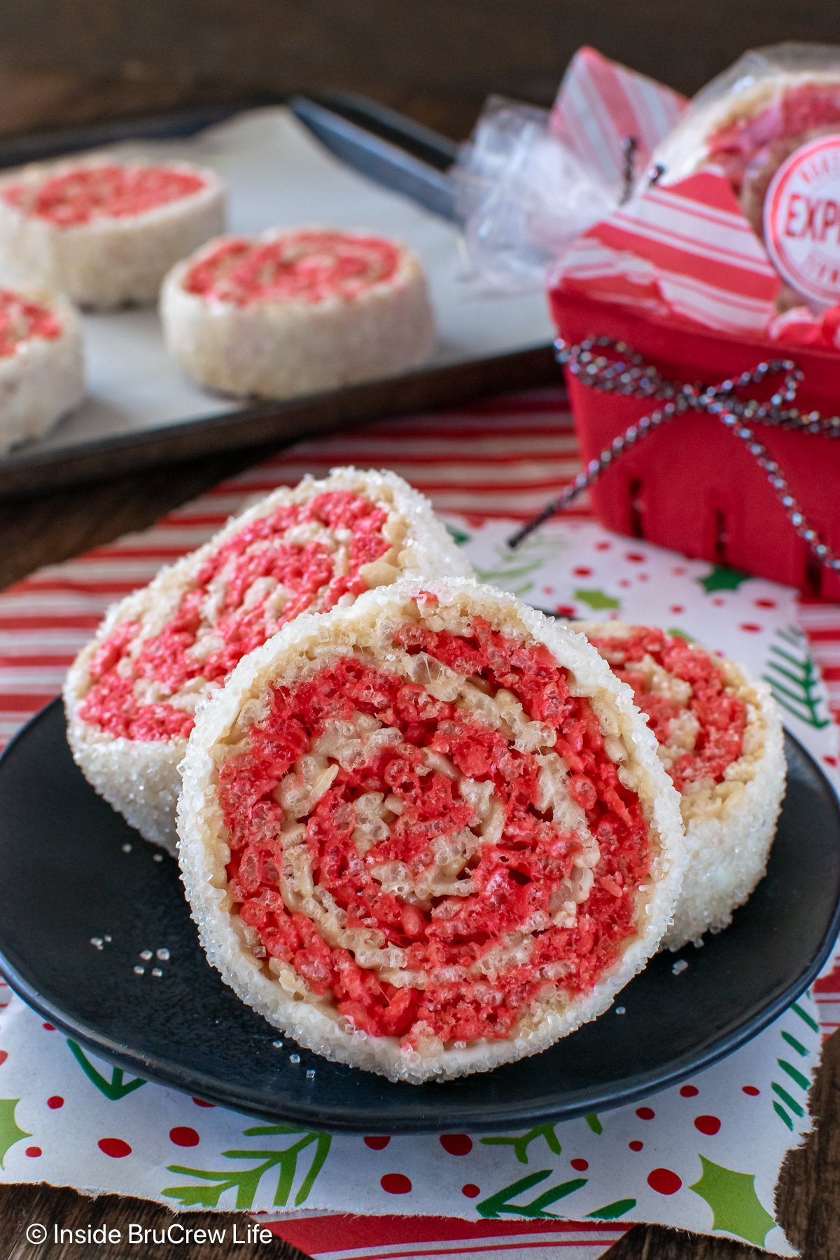 Rice krispie treat pinwheels made with peppermint marshmallows.