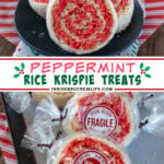 Two pictures of peppermint rice krispie treats collaged with a white text box.