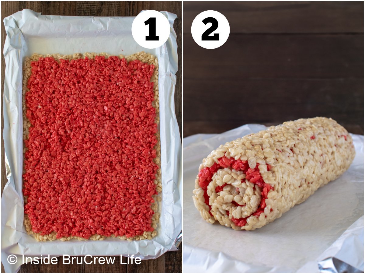 Two pictures collaged together showing how to make a rice krispie treat roll.