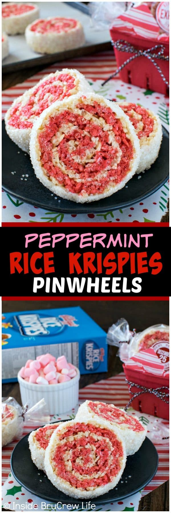 Peppermint Rice Krispies Pinwheels - these easy no bake treats have swirls of red and white and have a white chocolate sugar coating. Great recipe for holiday parties! This was created in partnership with Rice Krispies. #ad