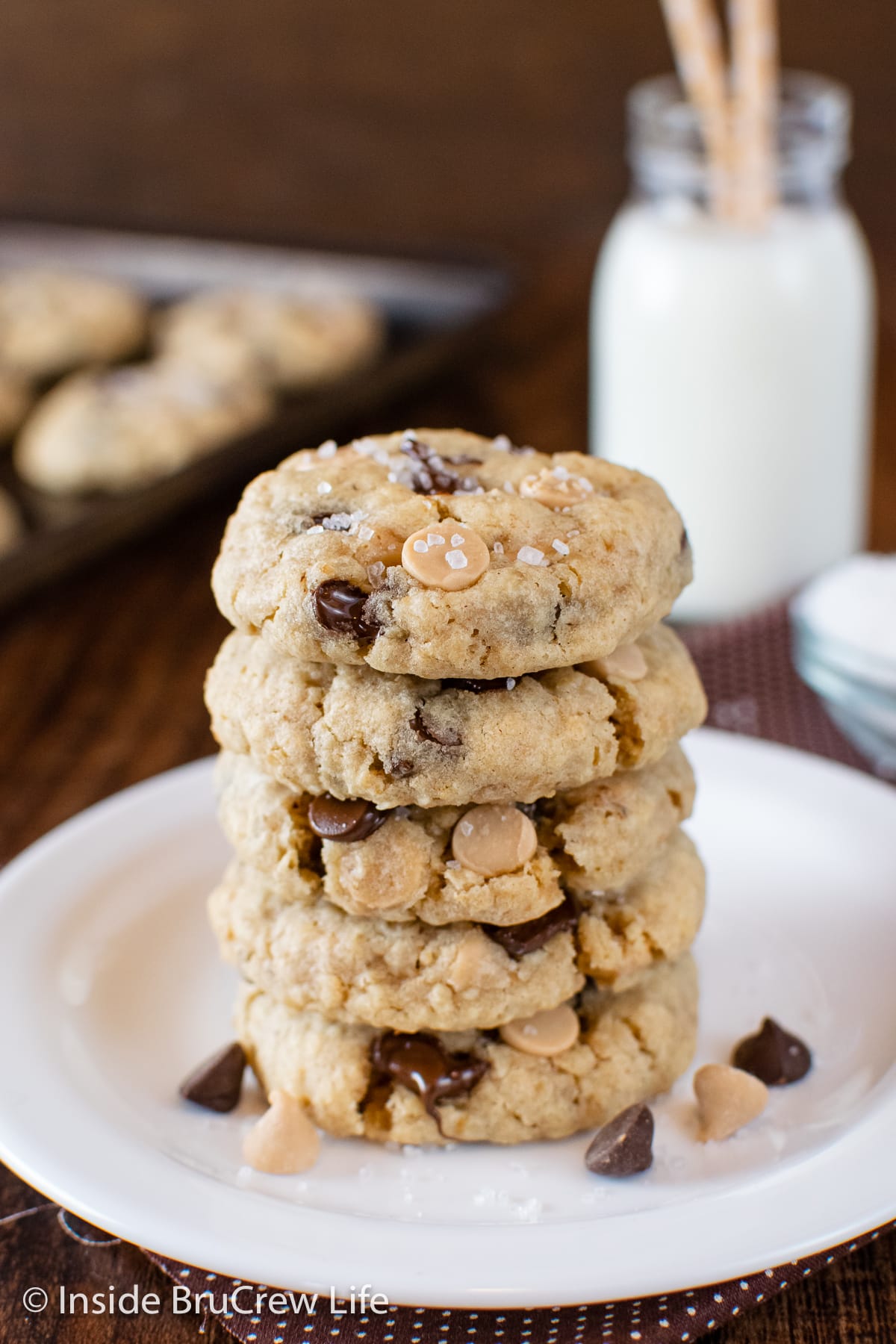 A stack of five chocolate chip cookies on a white plate.