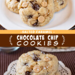 Two pictures of salted caramel chocolate chip cookies with a brown text box.