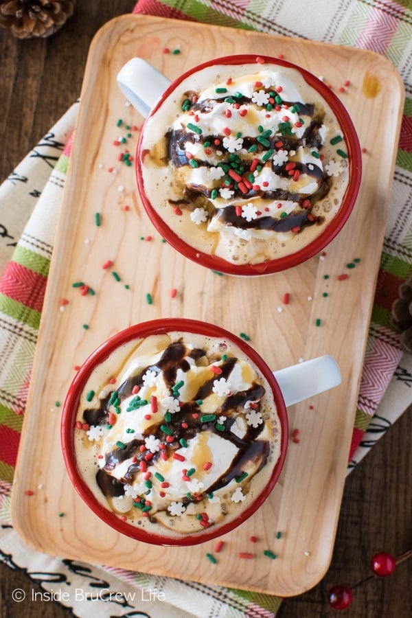 Salted Caramel Coffee Floats - a coffee house drink that is easy to make at home. Add sprinkles and sea salt for a fun topping!