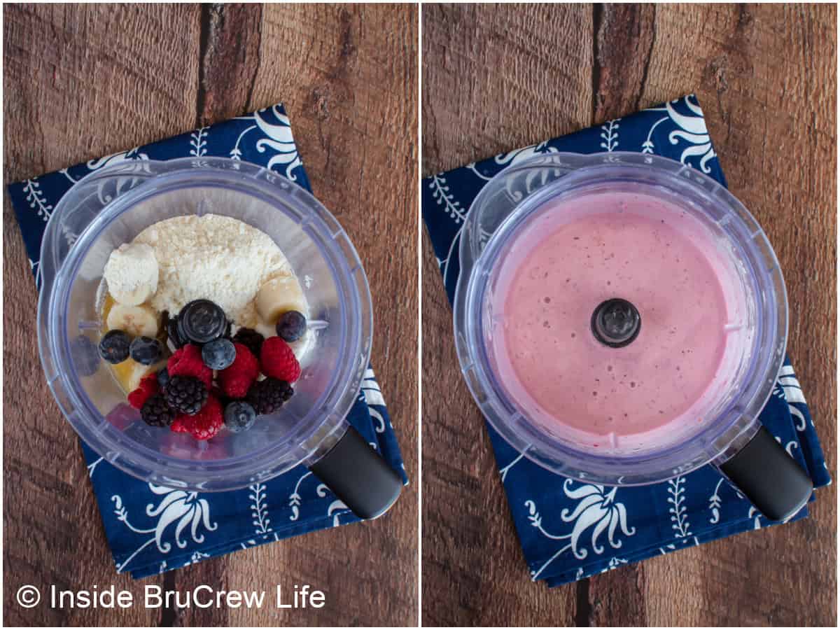Step-by-step photos showing how to prepare a berry orange smoothie in a blender.
