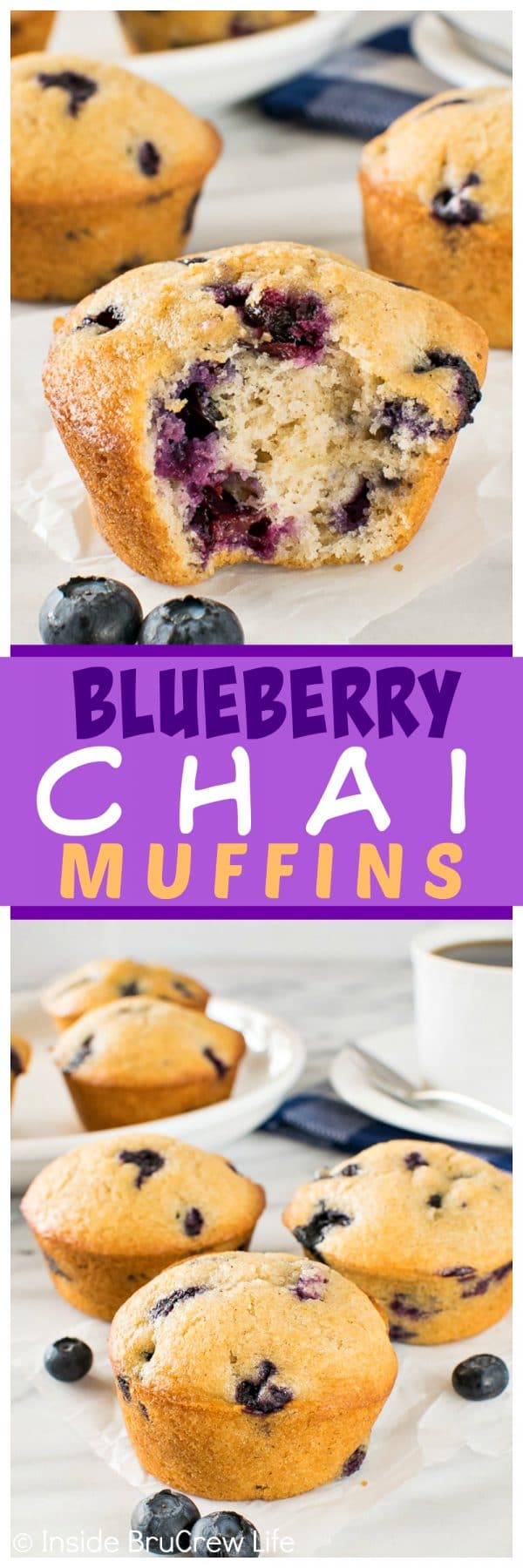 Blueberry Chai Muffins - soft fluffy muffins filled with spices and fresh berries are a delicious way to start out the morning. Great breakfast recipe!