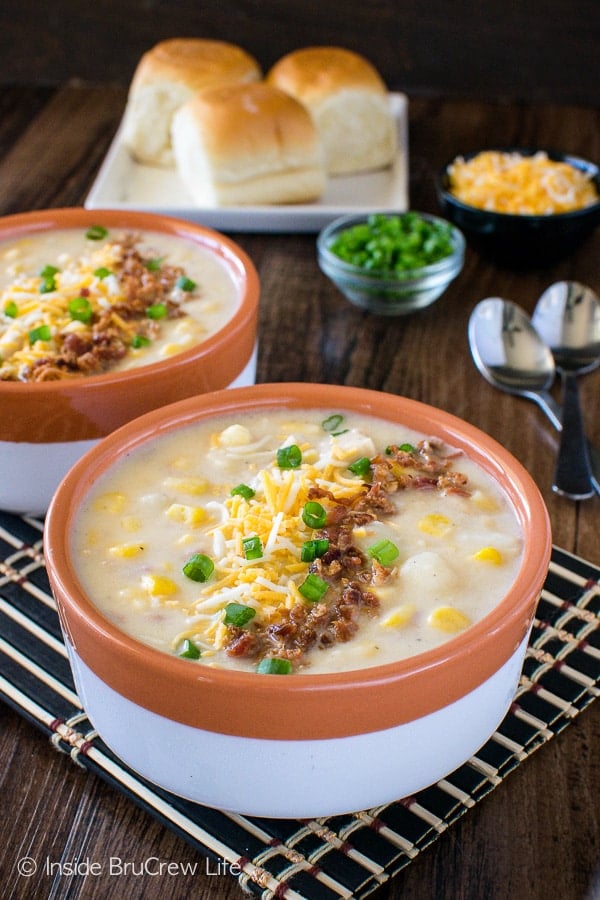 Chicken Corn Chowder - homemade potato soup loaded with chicken, bacon, corn, and cheese. Great comfort food recipe!