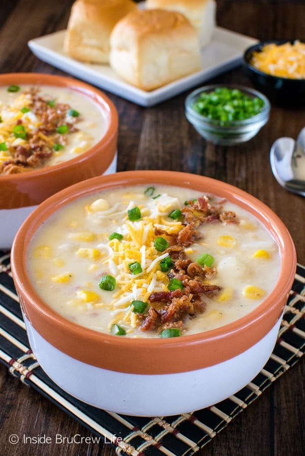 Chicken Corn Chowder - homemade creamy potato soup loaded with meat, veggies, & cheese. Perfect comfort food recipe for a cold day!