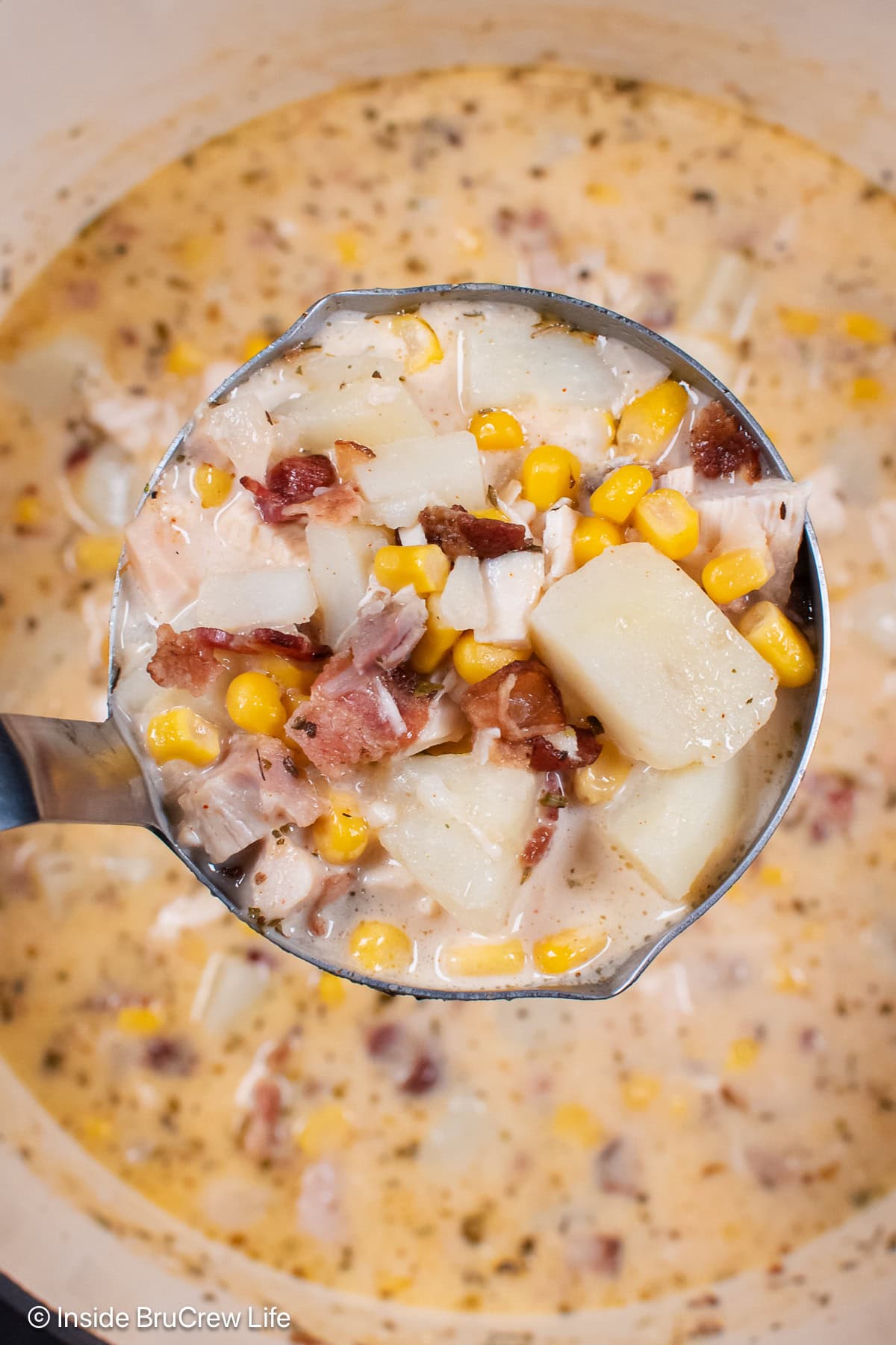 A ladle lifting out a big scoop of chowder.