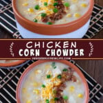 Two pictures of chicken corn chowder collaged with a brown text box.