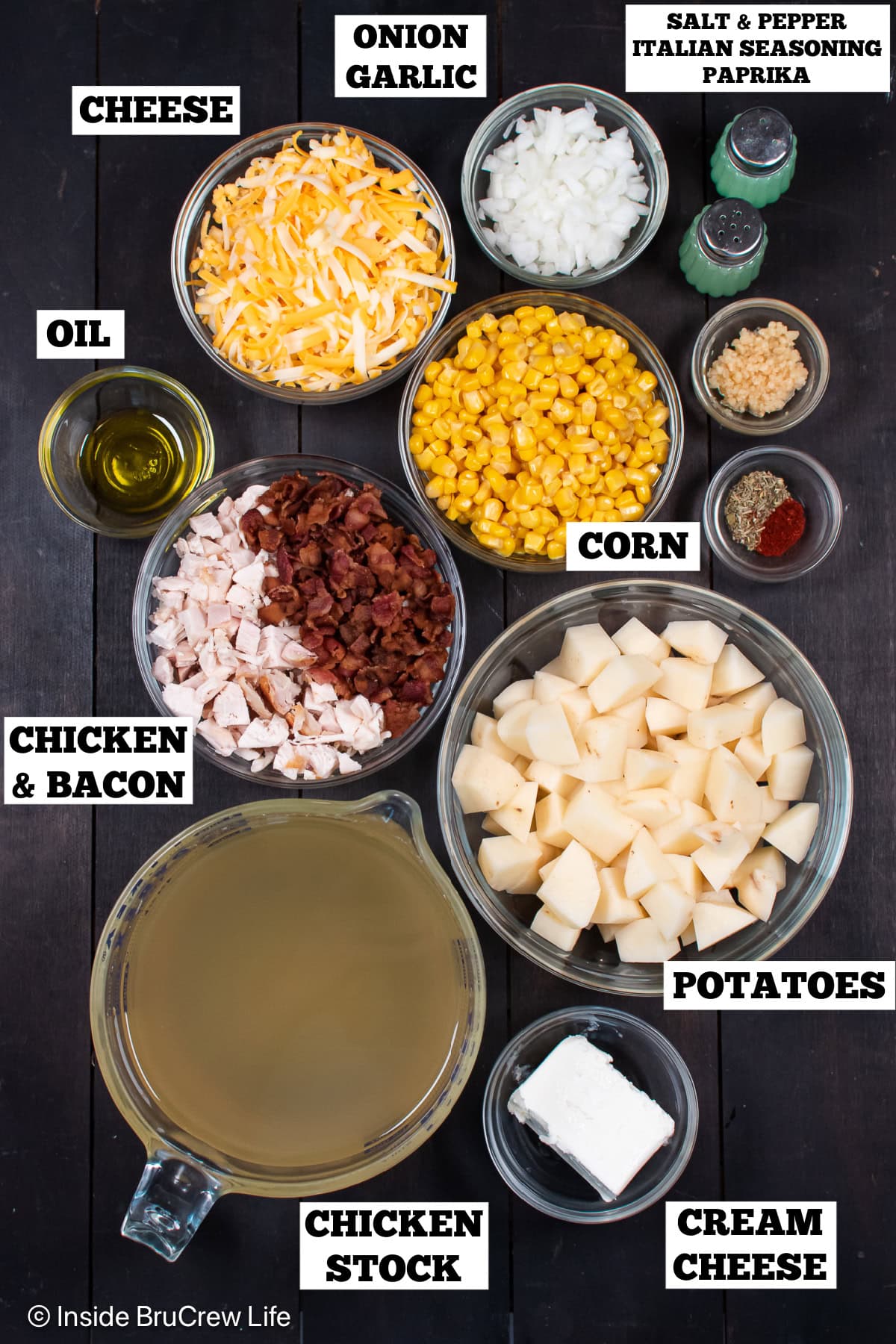 Bowls of ingredients needed to make a chicken chowder soup.