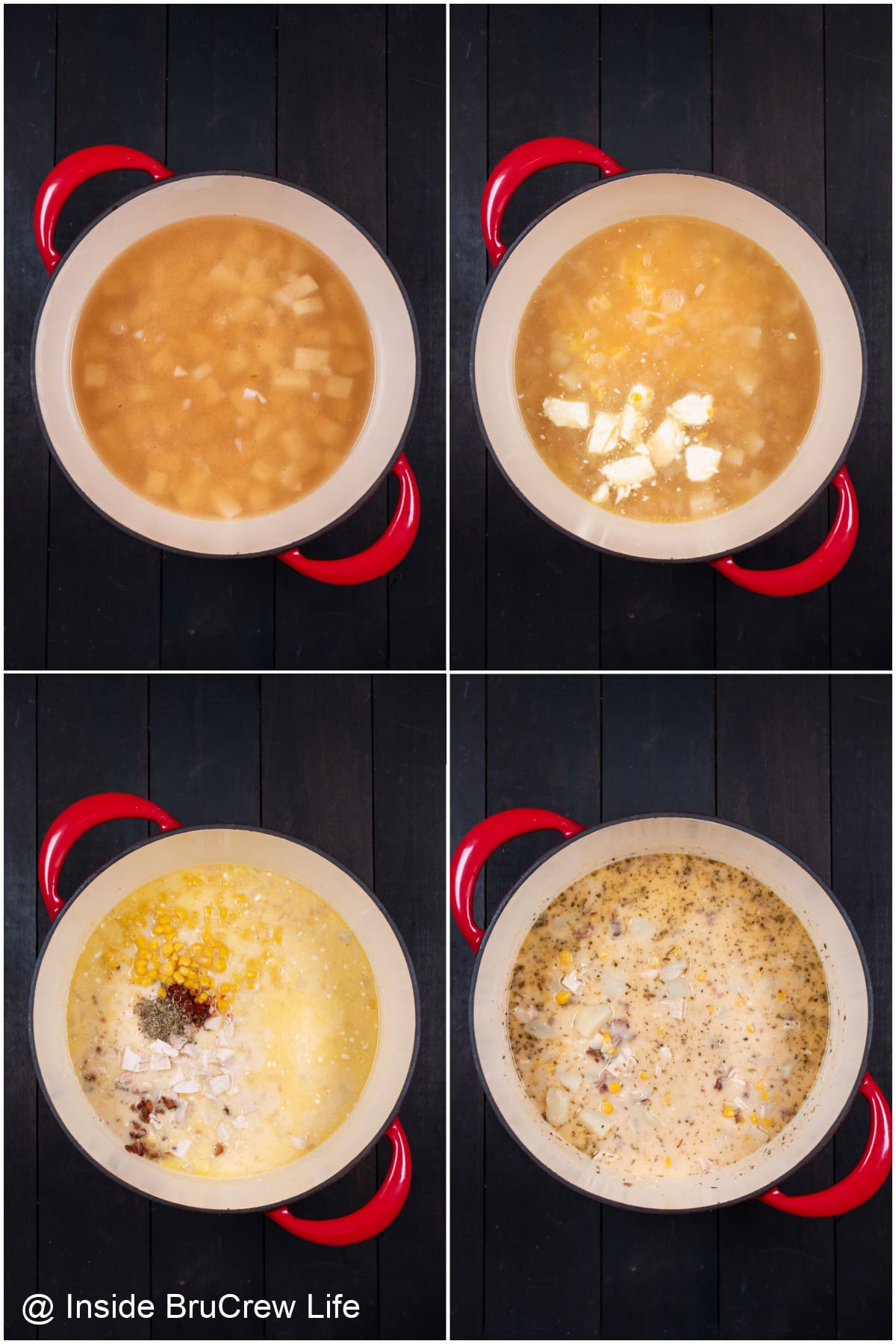 Four pictures collaged together showing the stages of chowder.