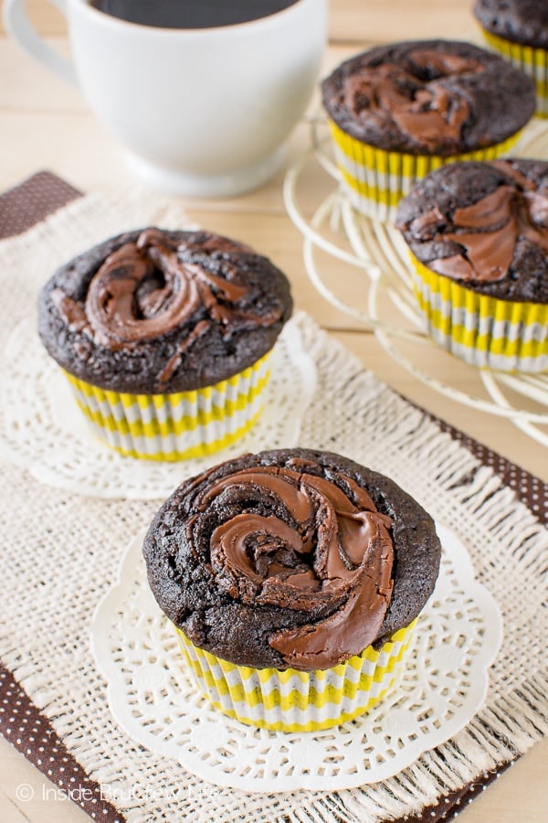 A picture looking down at the nutella swirls in two chocolate banana muffins