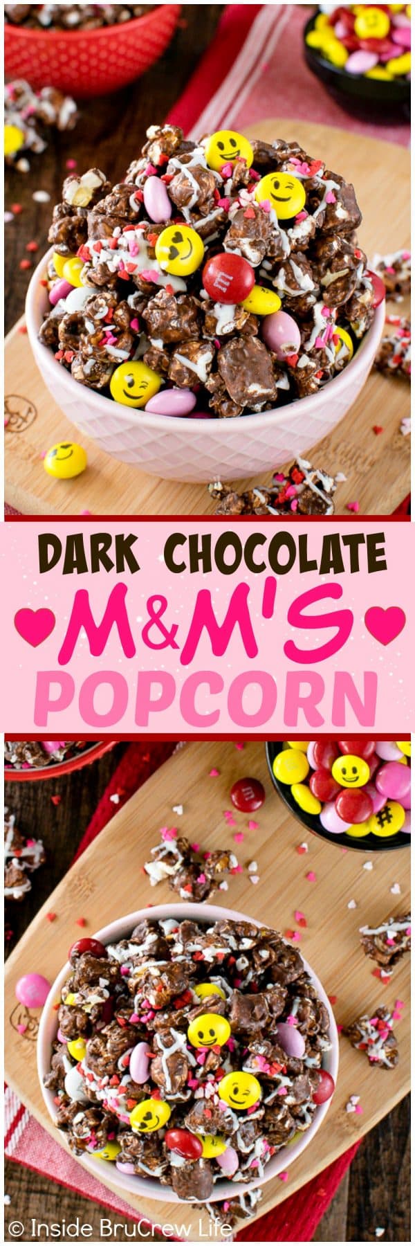 Dark Chocolate M&M's Popcorn - chocolate coated popcorn loaded with sprinkles & candies make this the best snack mix. Easy recipe for movie nights or game days!