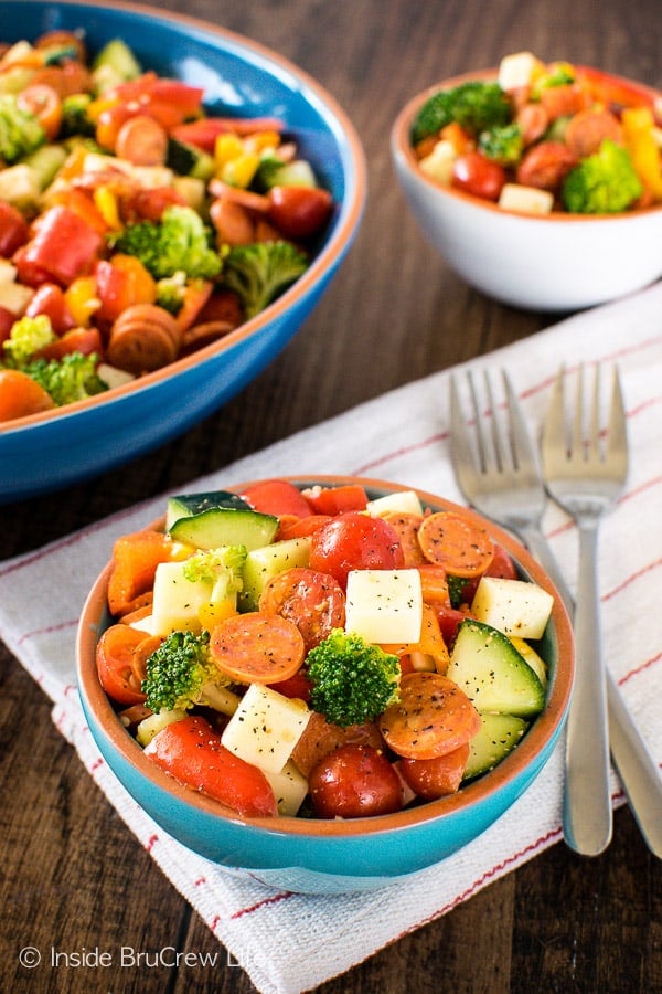 Italian Veggie Salad - adding cheese & pepperoni to a bowl of veggies in dressing will have everyone devouring this healthy salad recipe