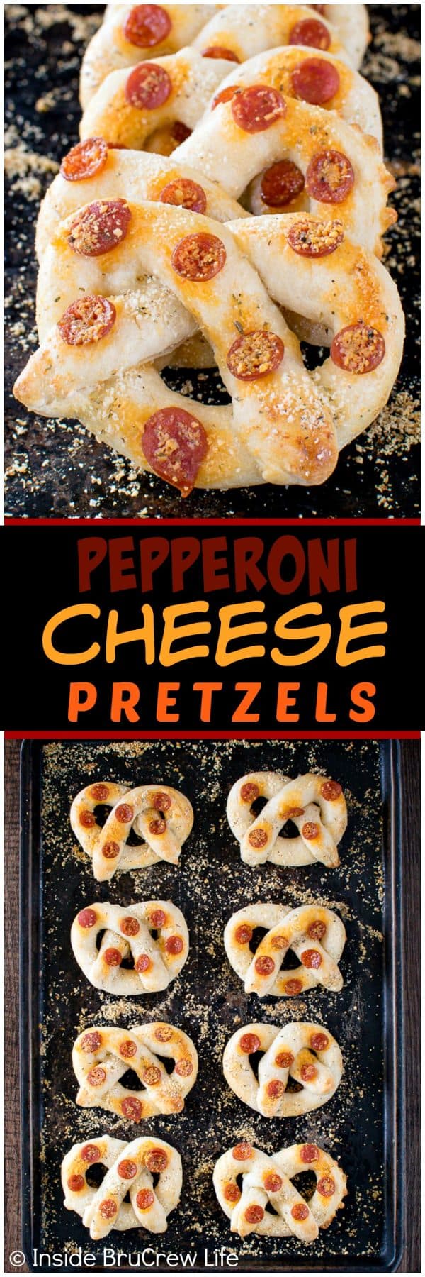 2 pictures of pepperoni cheese pretzels separated by a text box.