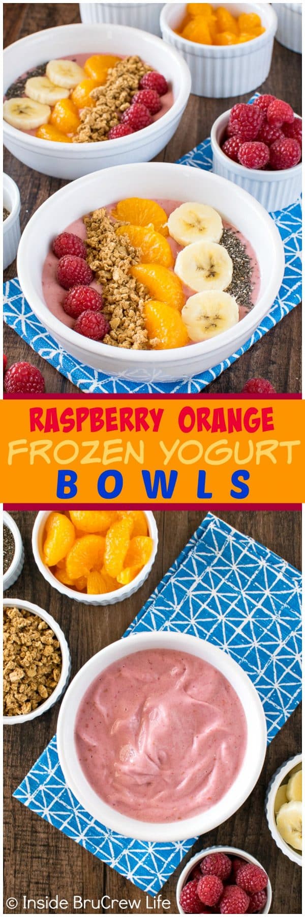 Raspberry Orange Frozen Yogurt Bowls - fresh fruit and granola adds a fun twist to this healthy frozen snack recipe.