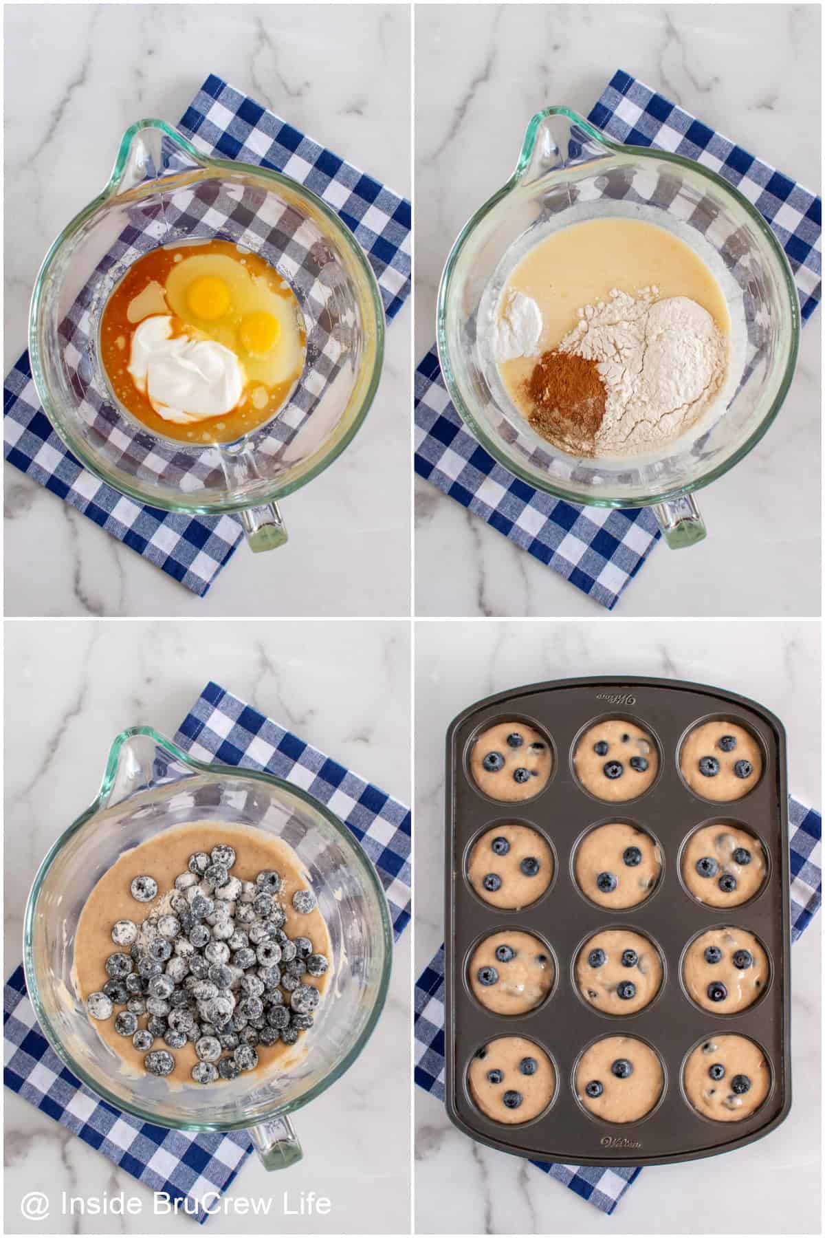Step-by-step photos showing how to make sour cream blueberry muffins.