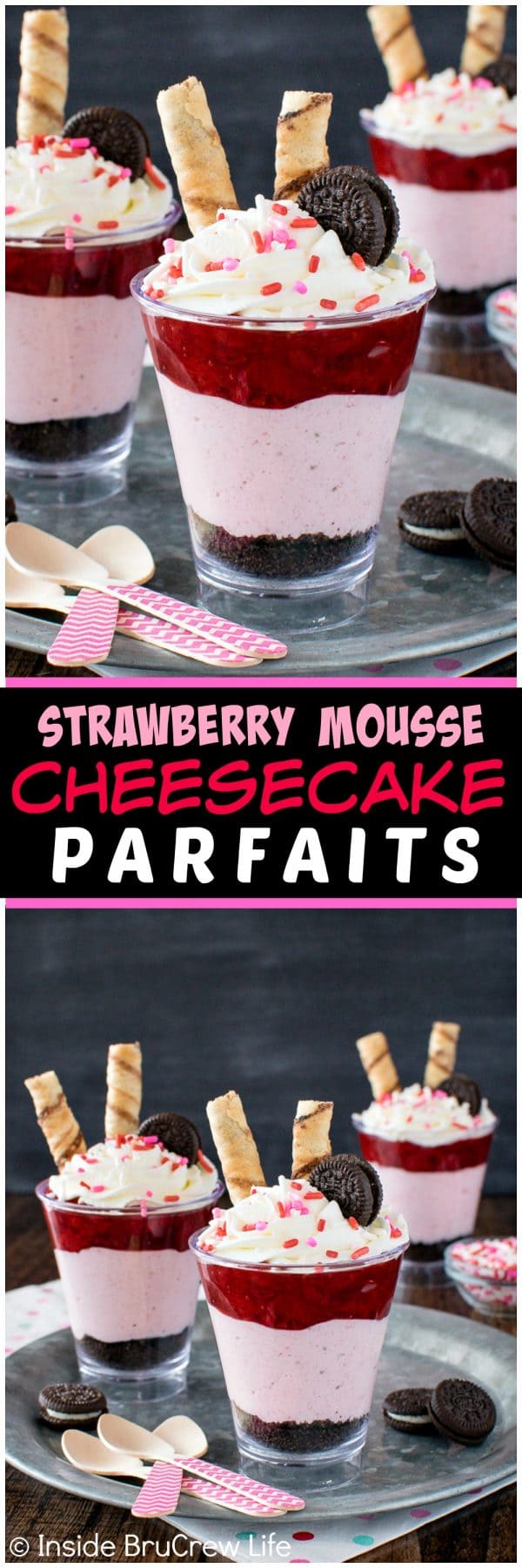 Strawberry Mousse Cheesecake Parfaits - layers of no bake cheesecake, pie filling, and cookies make an easy dessert recipe. Perfect for Valentine's day!