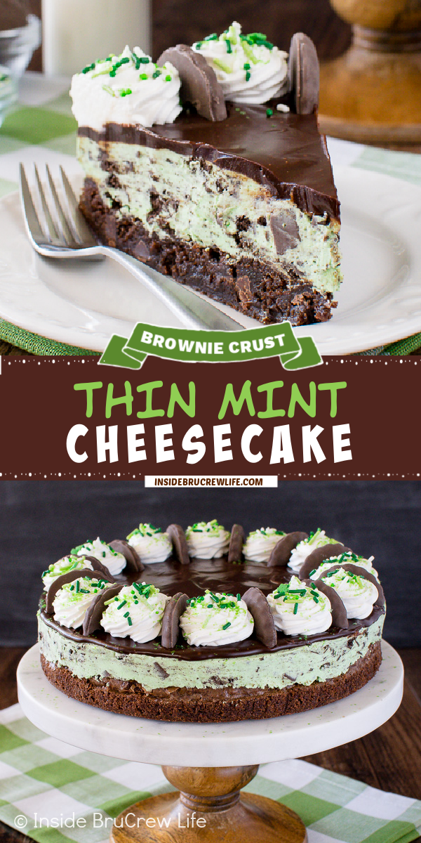 Two pictures of thin mint cheesecake collaged together with a brown text box.
