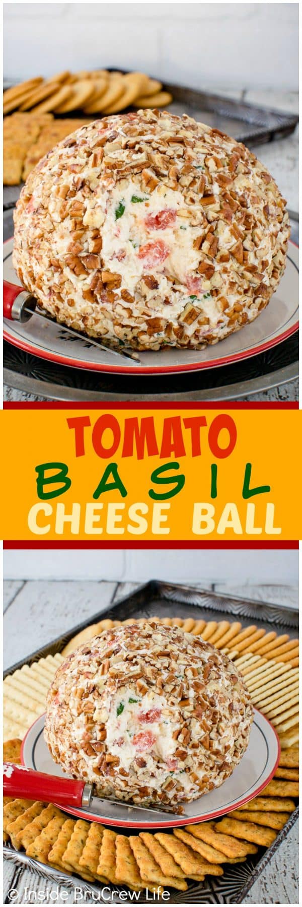 2 pictures of a homemade cheeseball separated with a text box.