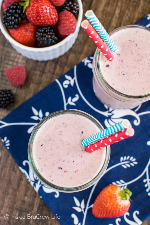 Fruit & yogurt makes this Triple Berry Orange Smoothie a healthy way to start out the day! Great breakfast or afternoon snack!