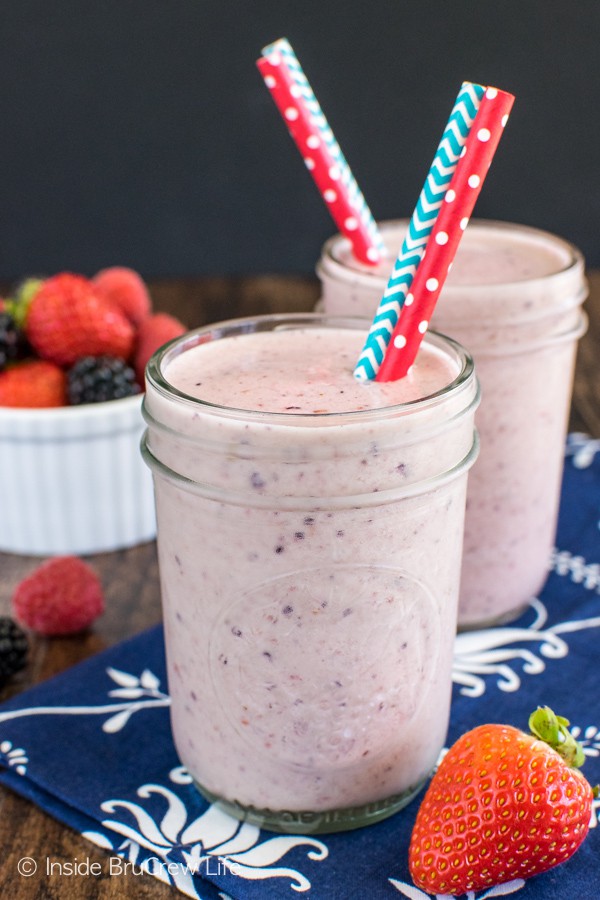 Triple Berry Orange Smoothie - this healthy smoothie is loaded with fruit, yogurt, and protein. Great way to start out the day!
