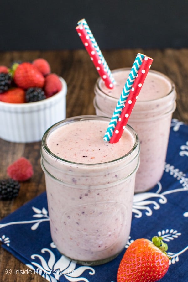 Triple Berry Orange Smoothie - three kinds of fruit, yogurt, and protein make this a healthy breakfast or snack choice.