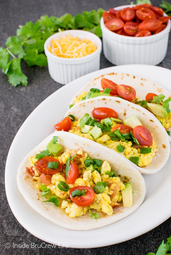 Bacon Egg Breakfast Tacos - meat, veggies, and eggs are a great way to start the morning. Easy healthy breakfast recipe!