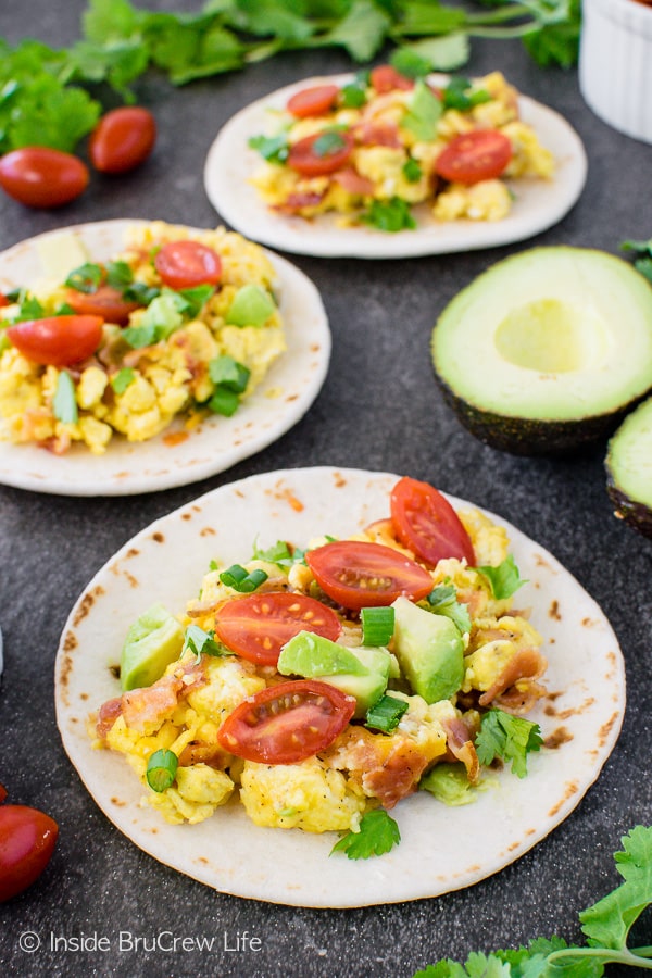 Bacon Egg Breakfast Tacos - cheese, eggs, bacon, and veggies make these loaded breakfast tacos a healthy way to start the day!