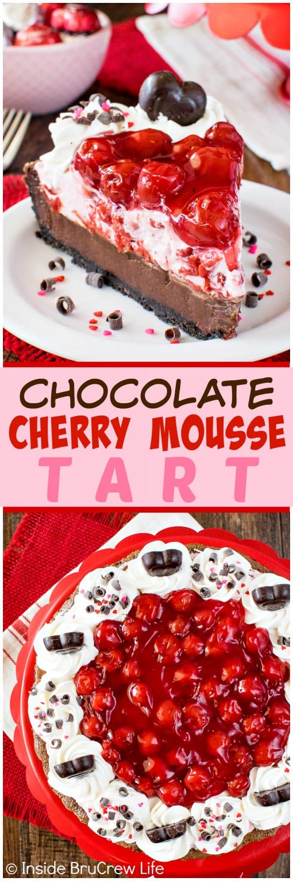 2 pictures of a chocolate cherry tart separated by a box of text.