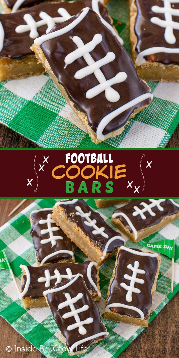 Two pictures of Football Cookie Bars collaged together with a brown text box