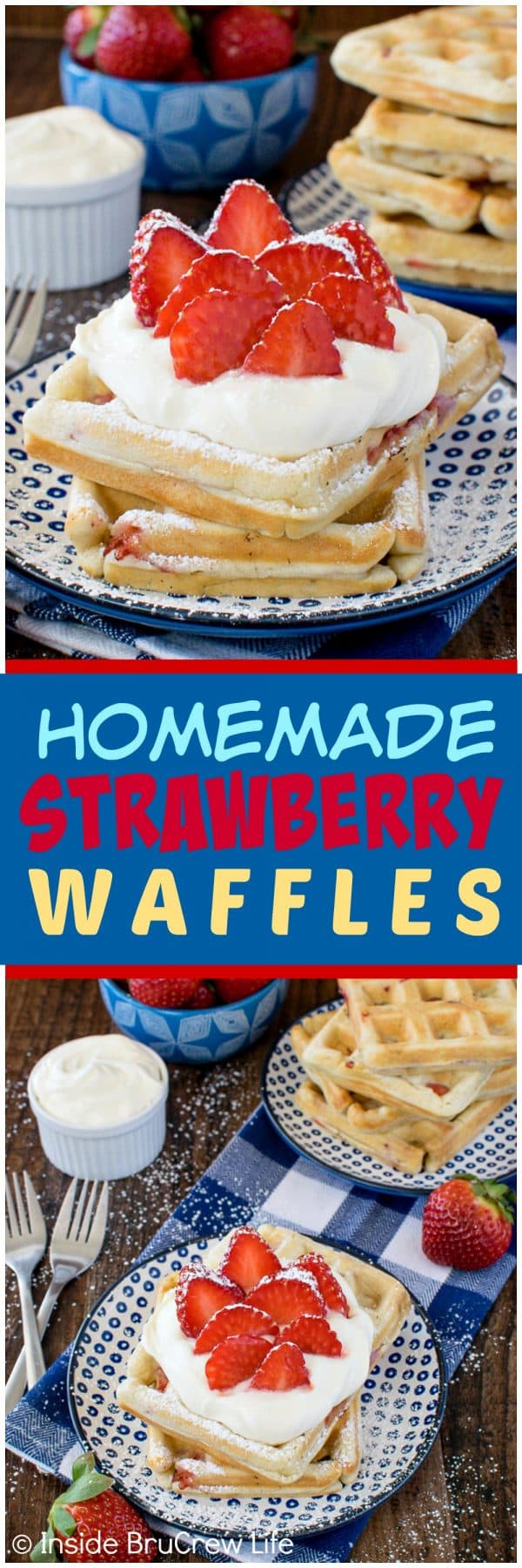 Homemade Strawberry Waffles - this easy breakfast recipe is loaded with fresh berries! Add some lemon cream and more berries for a fun breakfast recipe!