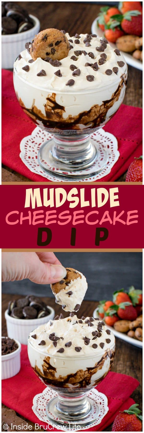 Mudslide Cheesecake Dip - this easy and creamy cheesecake dip tastes and looks just like your favorite drink! Try it with cookies and fruit for a fun dessert! Adult and kid friendly options in the recipe!