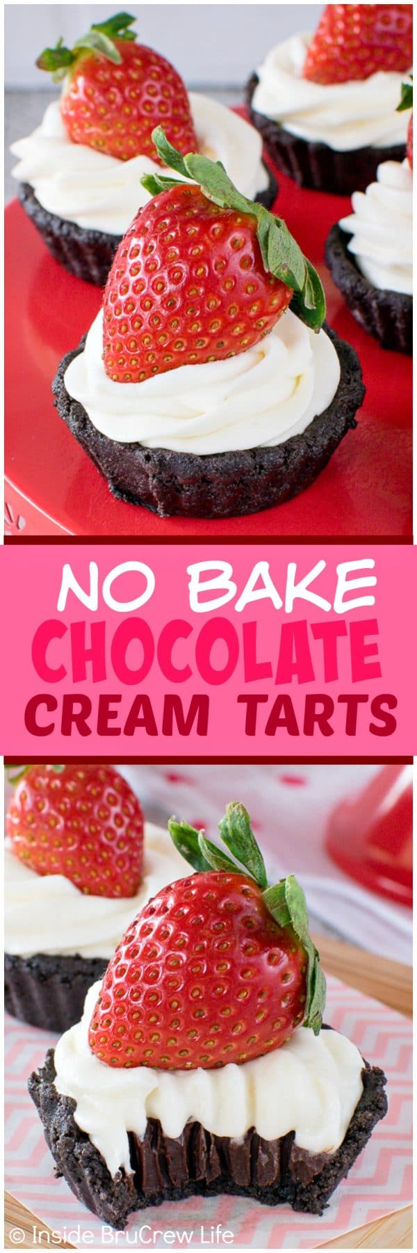 2 pictures of small chocolate tarts topped with cool whip and a strawberry.