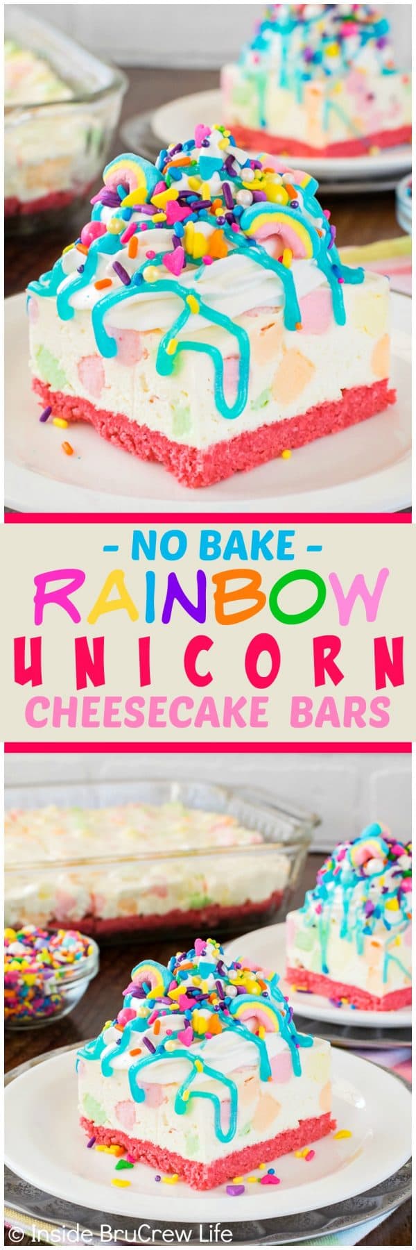 No Bake Rainbow Unicorn Cheesecake Bars - a pink cookie crust, lots of sprinkles, and colorful marshmallows makes this easy dessert recipe perfect for spring parties!