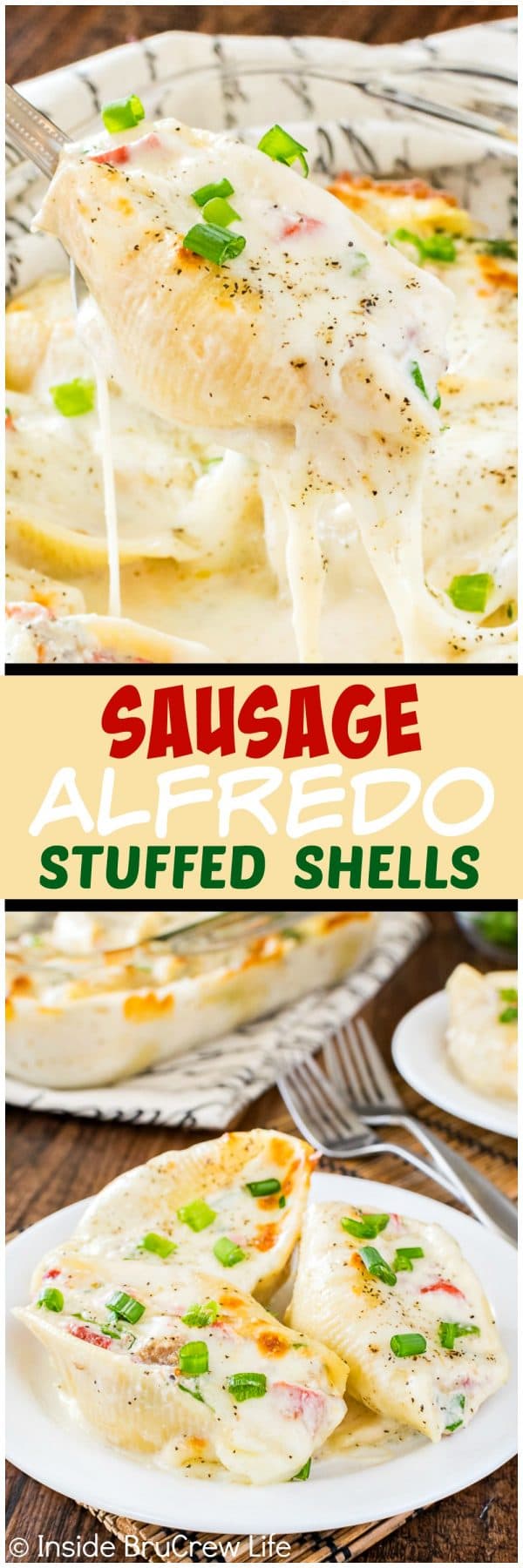 Sausage Alfredo Stuffed Shells - these easy pasta shells are stuffed with cheese,veggies, and meat making it a win at the dinner table. Easy recipe to have ready in 30 minutes!