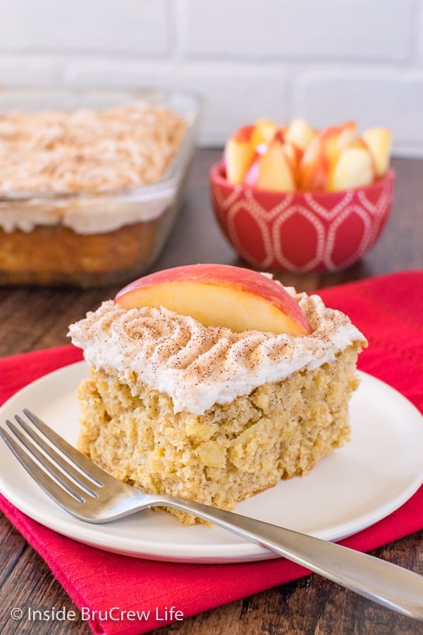 A white plate on a red towel with a piece of snickerdoodle apple cake with frosting and apple slices on it.