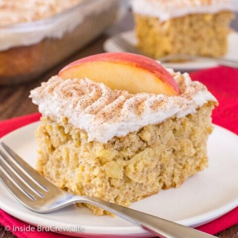 A white plate with a square of snickerdoodle apple cake with frosting and apple slices on it