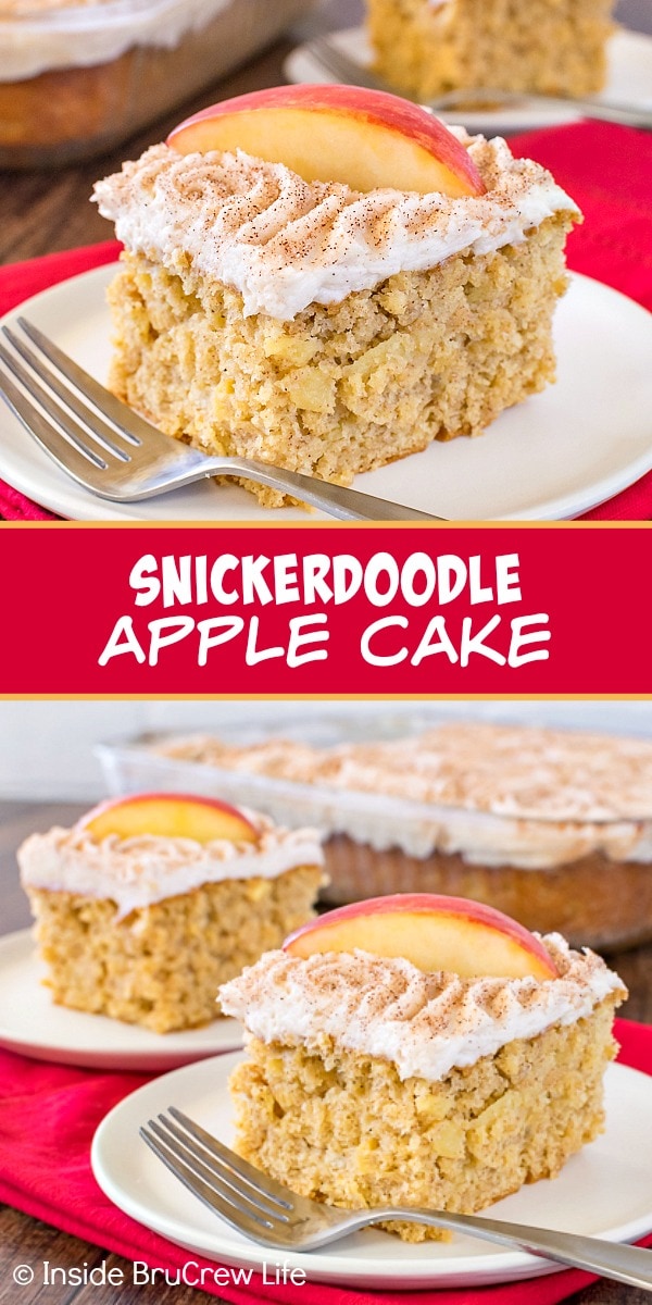 Two pictures of snickerdoodle apple cake collaged together with a red text box.