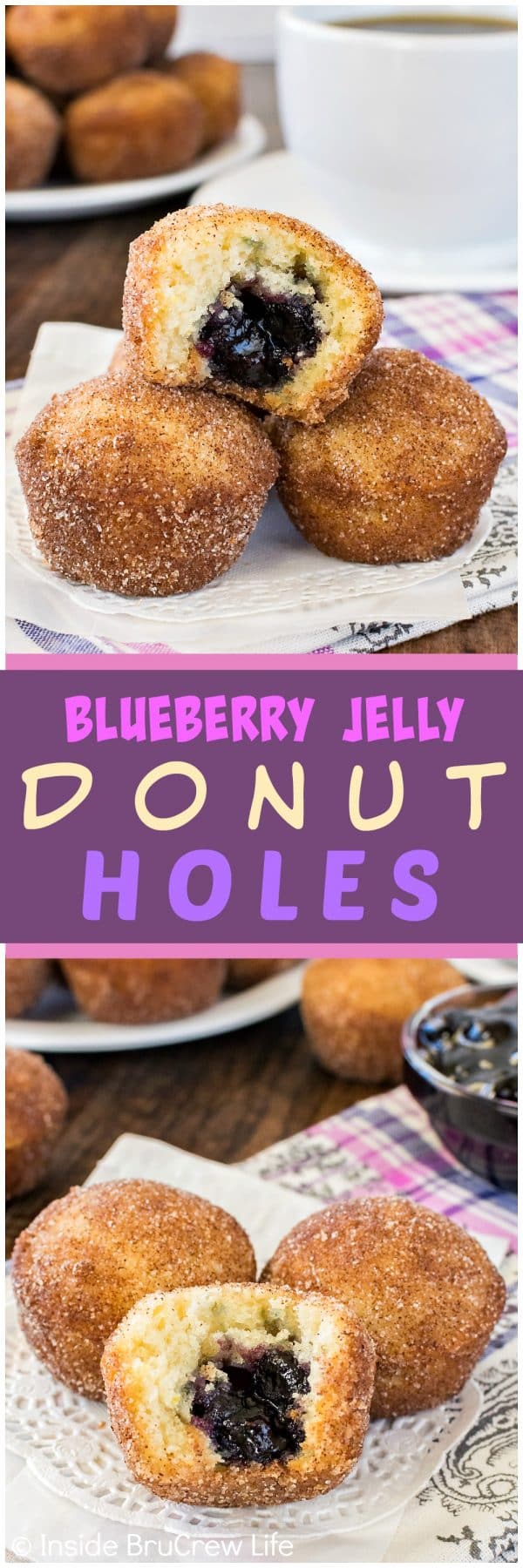 Two photos of Blueberry Jelly Donut Holes on a white doily