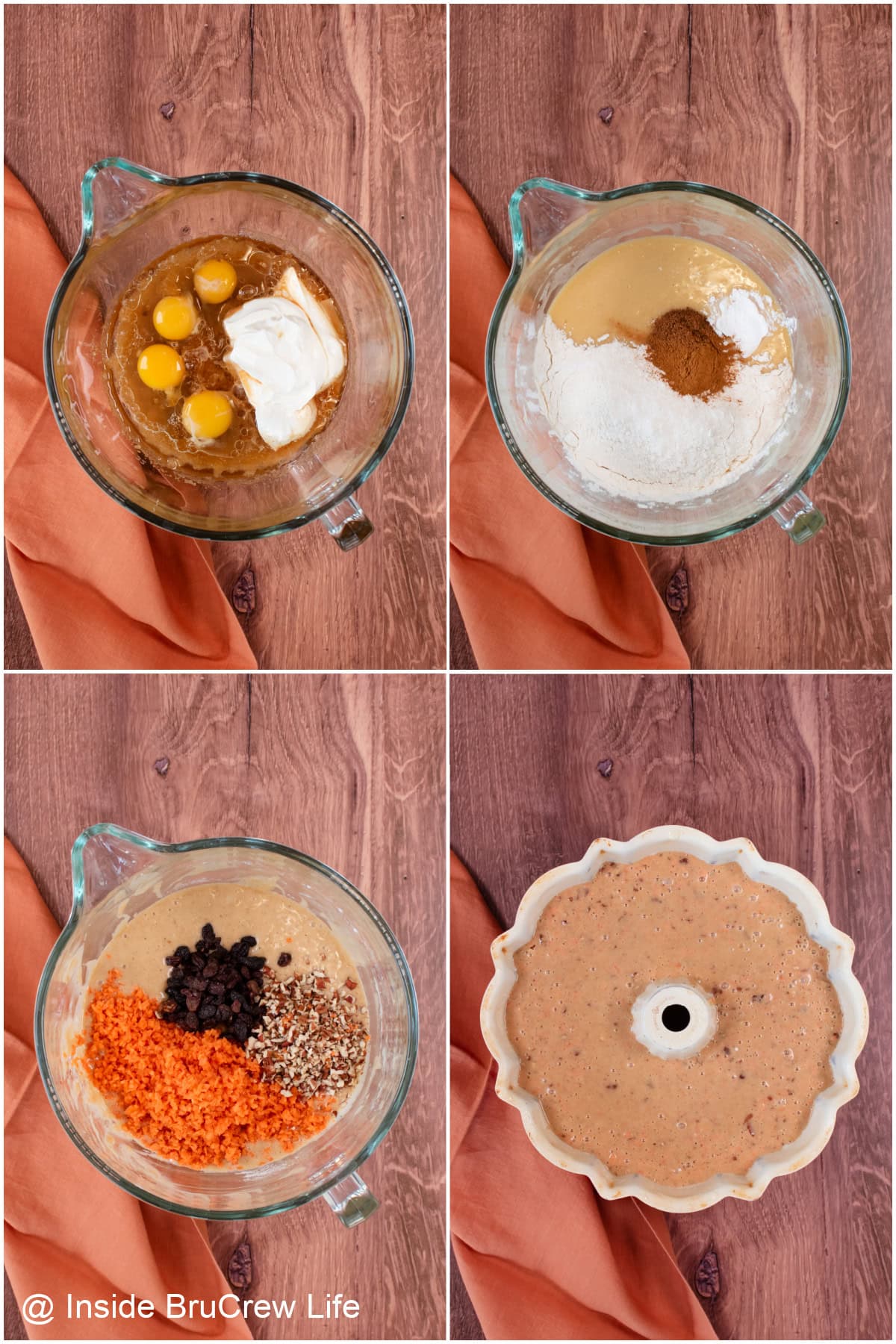 Four pictures collaged together showing the steps for making carrot cake batter.
