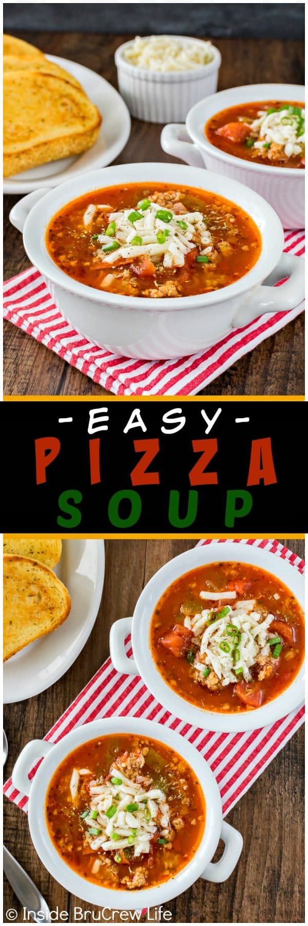 Easy Pizza Soup - this homemade soup is loaded with meat and veggies and can be ready in minutes. Great dinner recipe for busy or cold nights!