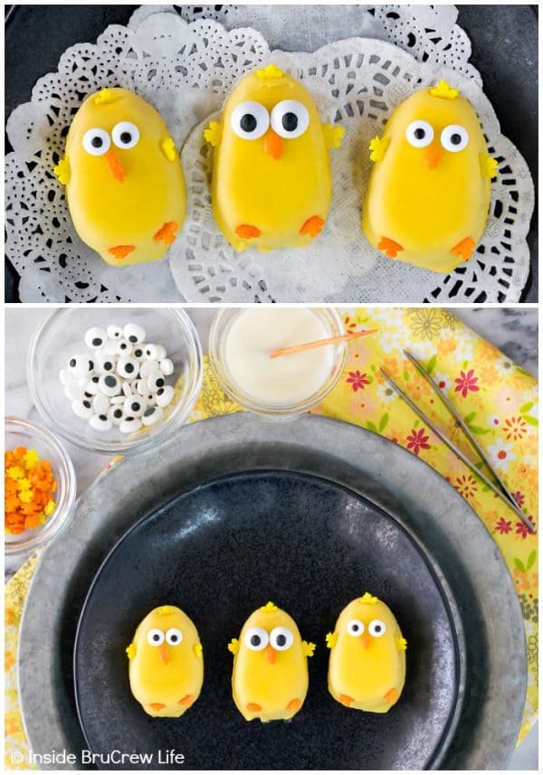 3 Reese's peanut butter cups decorated into yellow chickens.