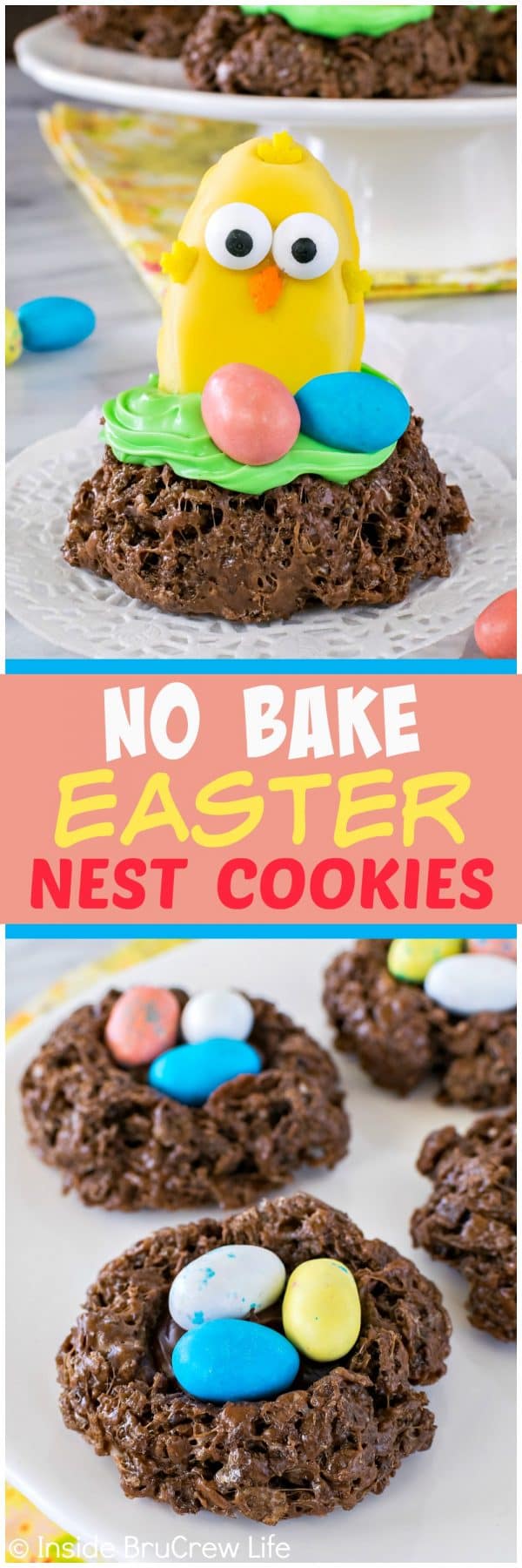 2 pictures of chocolate bird nest cookies topped with candy eggs.
