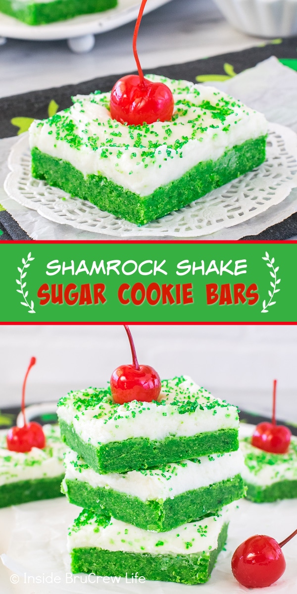 Two pictures of shamrock shake sugar cookie bars collaged together with a green text box