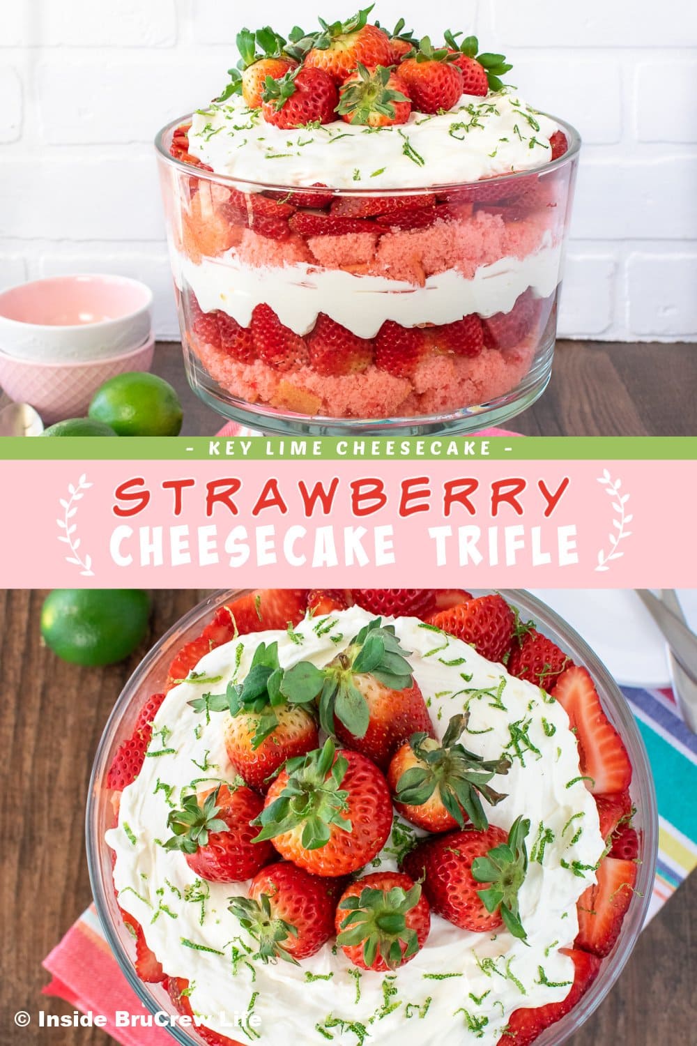 Two pictures of a strawberry trifle collaged together with a pink text box.